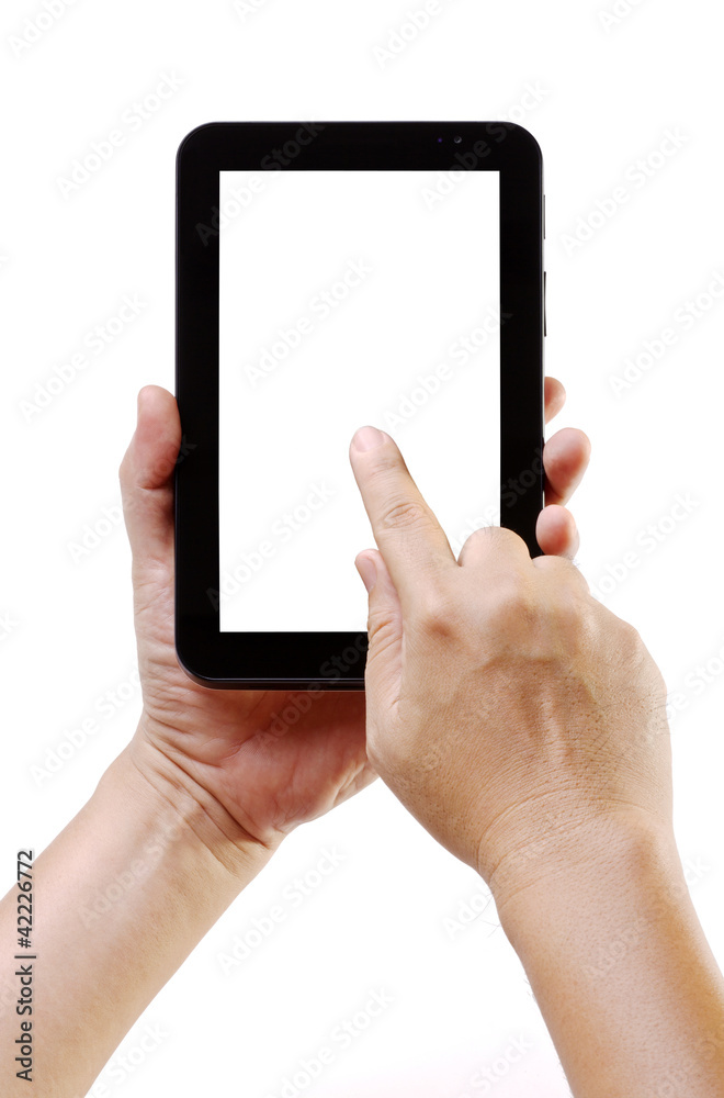 hand holds and touch tablet computer on white background