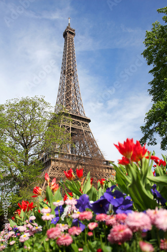 Eiffel Tower with spring tulips in Paris, France