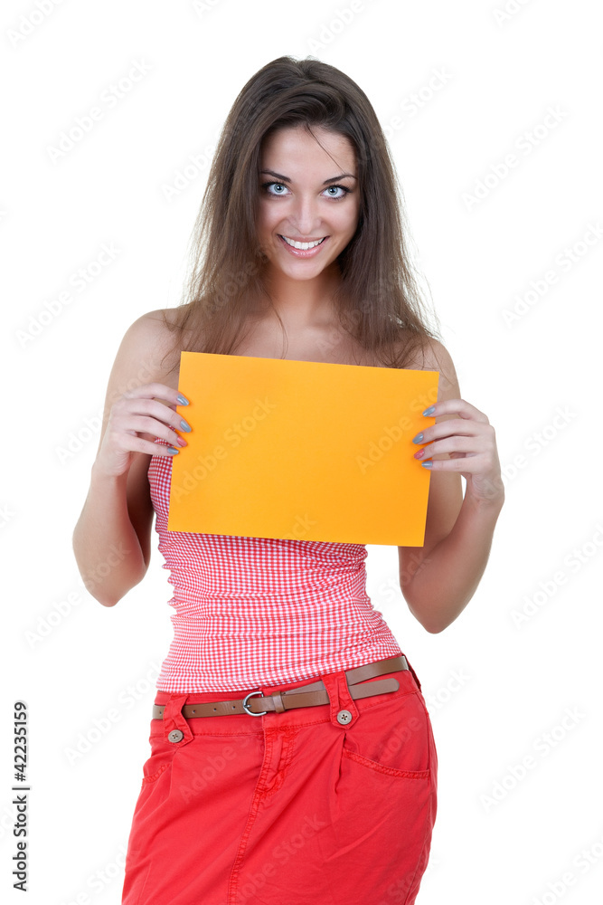 Beautiful woman holding empty orange board Beautiful woman holding empty orange board