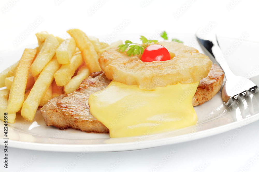 Schweinesteak Hawaii, Pommes frites Schweinesteak Hawaii, Pommes frites