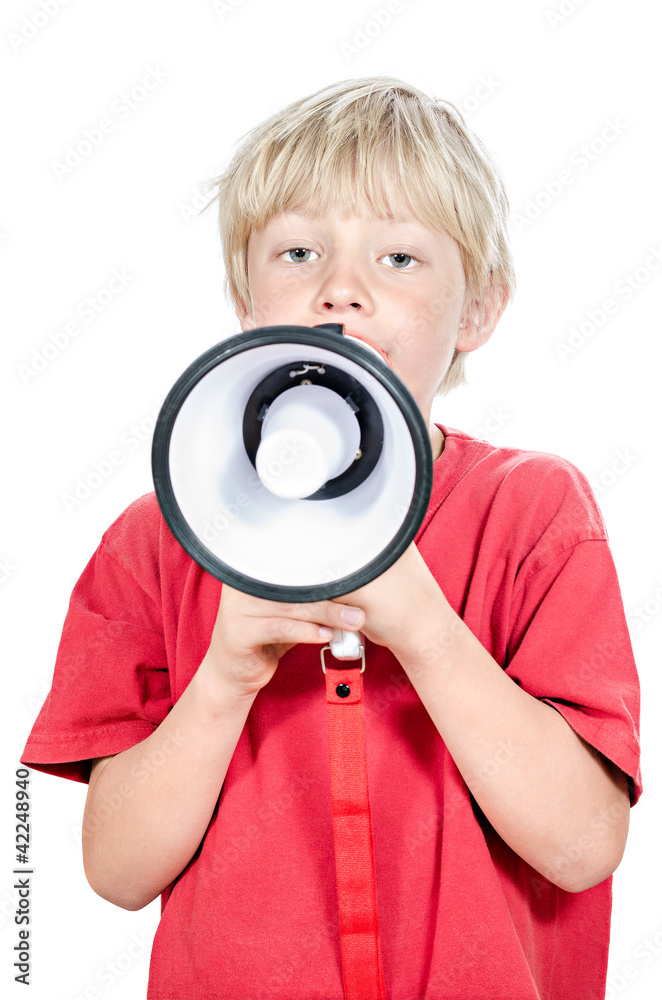Fototapeta premium cute blond boy with megaphone on white