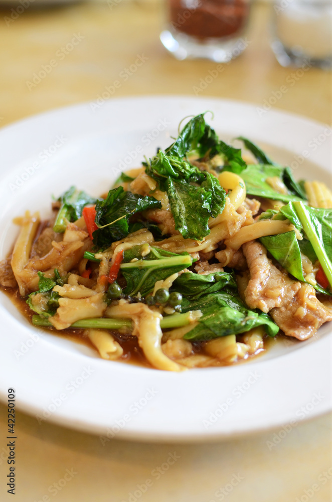 Asian style noodle with pork and vegetables
