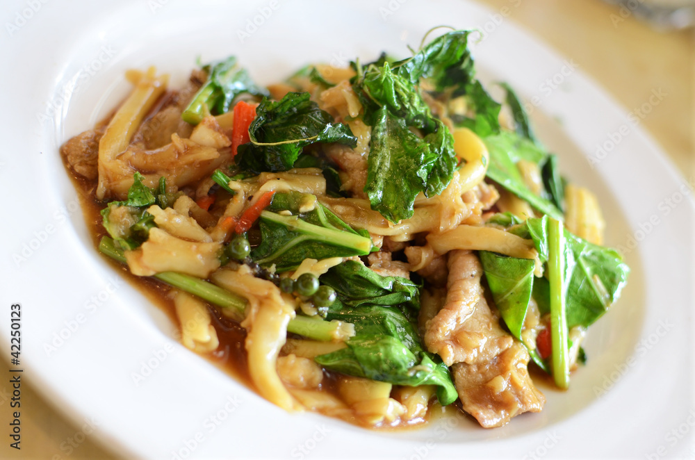 Asian style noodle with pork and vegetables