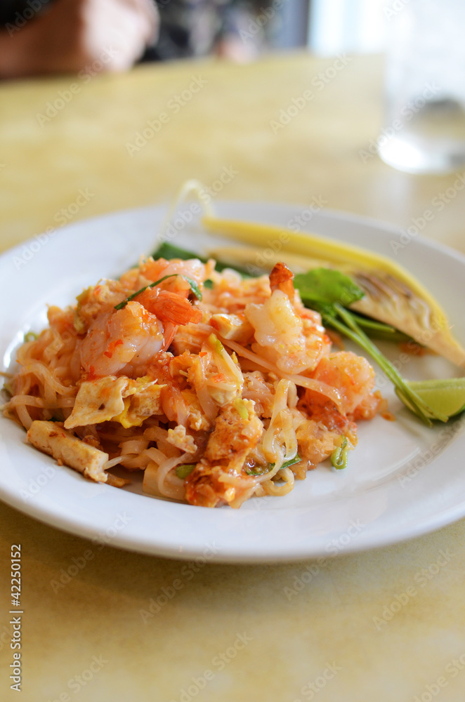 Thai style noodle with fresh shrimp , Pad thai , Thailand