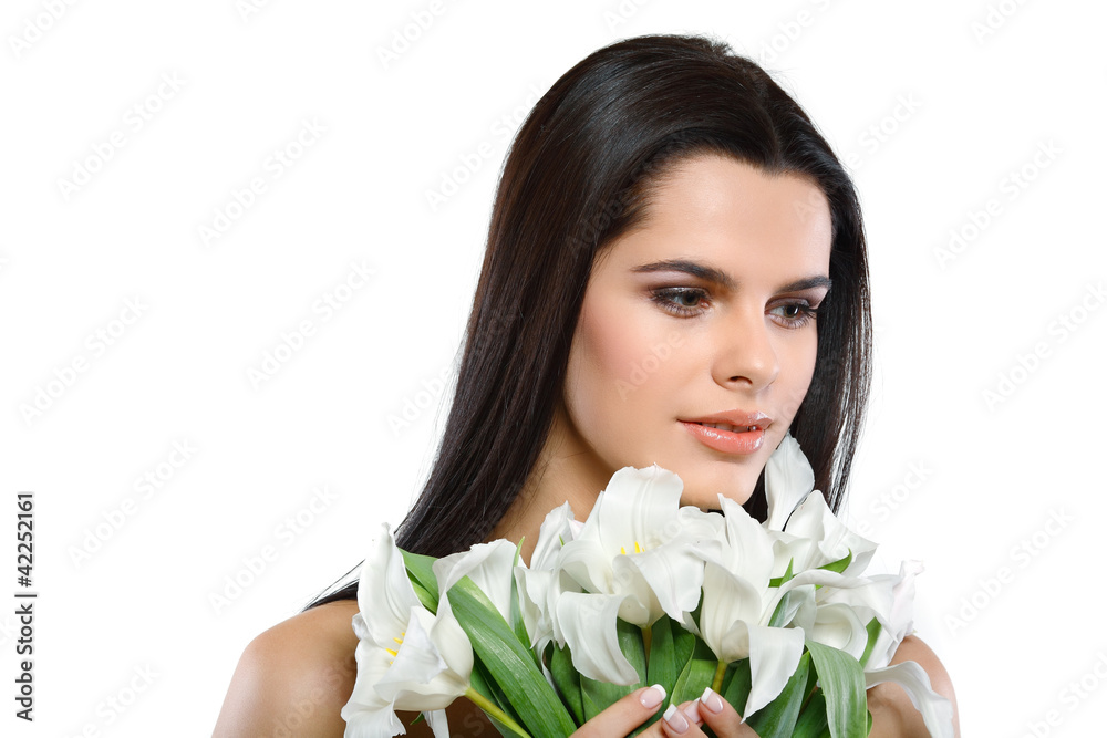 beautiful young girl with tulips,isolated on a white background beautiful young girl with tulips,isolated on a white background