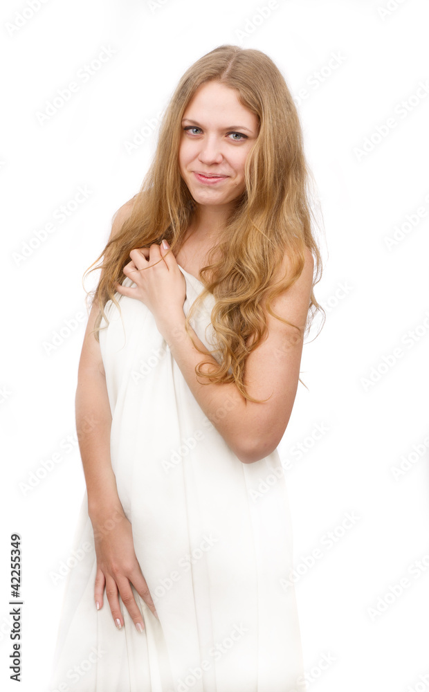 Beautiful girl, covered with white cloth, on a white background. Beautiful girl, covered with white cloth, on a white background.