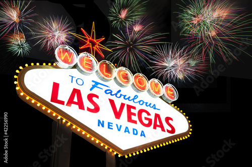 Photography Welcome to Las Vegas Sign with fireworks