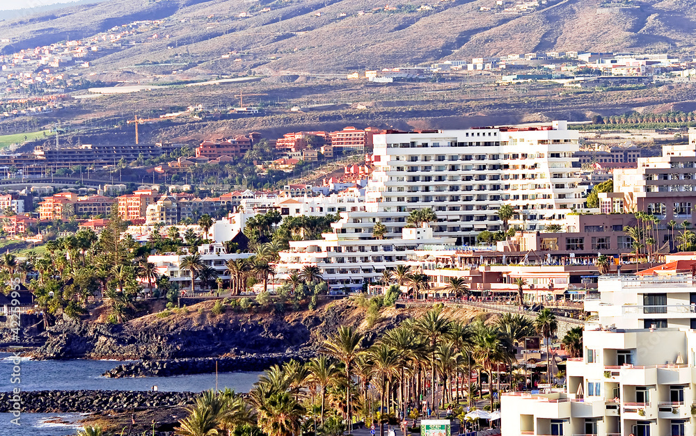 Modern hotels on Playa de Las Americas, Tenerife,Spain