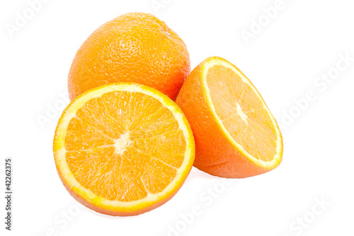 one orange and two halves on white background