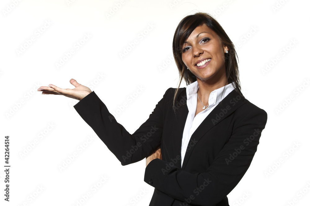 Business woman showing with hand on white space. Business woman showing with hand on white space.