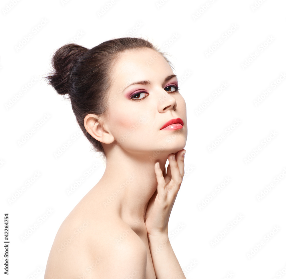 attractive young brunette with perfect skin and bright makeup attractive young brunette with perfect skin and bright makeup