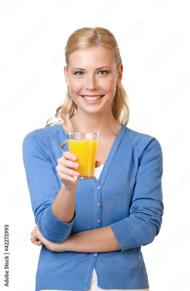 Young woman with orange juice, isolated on white Young woman with orange juice, isolated on white
