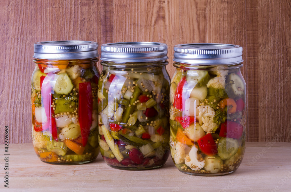 Preserved mixed vegetables in mason jar Preserved mixed vegetables in mason jar