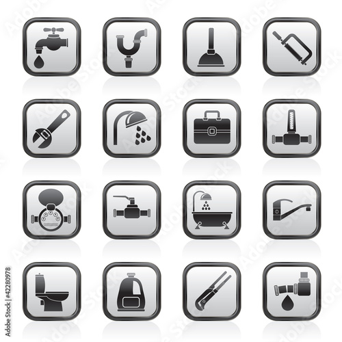 plumbing objects and tools icons - vector icon set