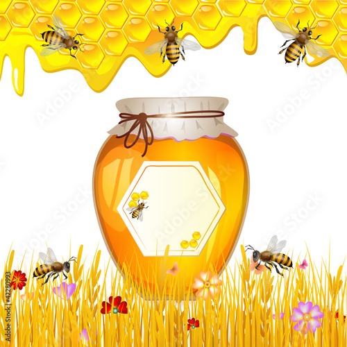 Floral background with honey and bees