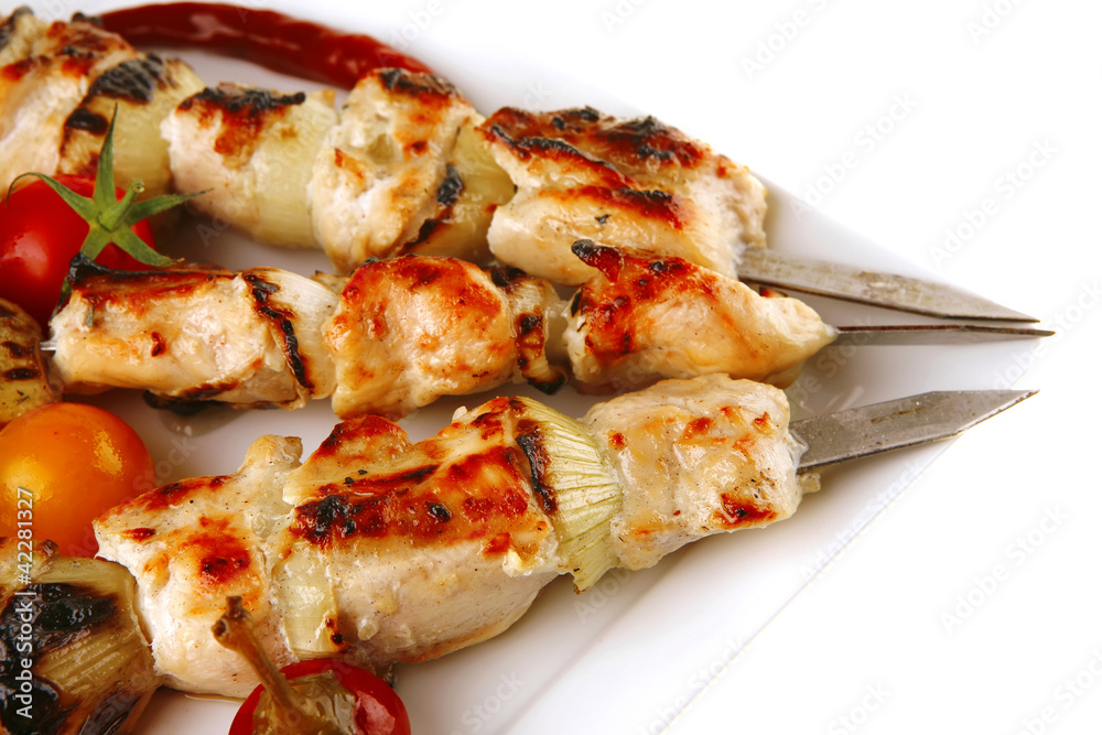 roasted chicken kebab on white