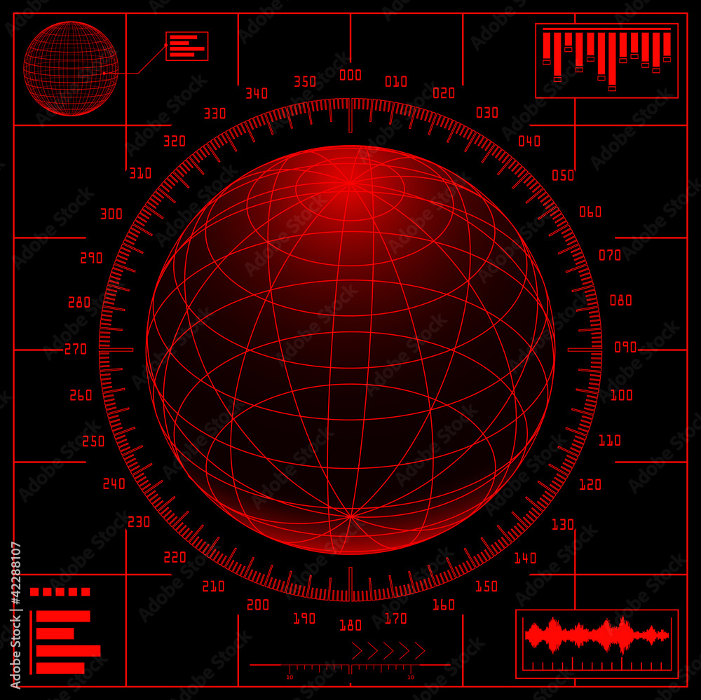 Radar screen. Digital globe with scale.