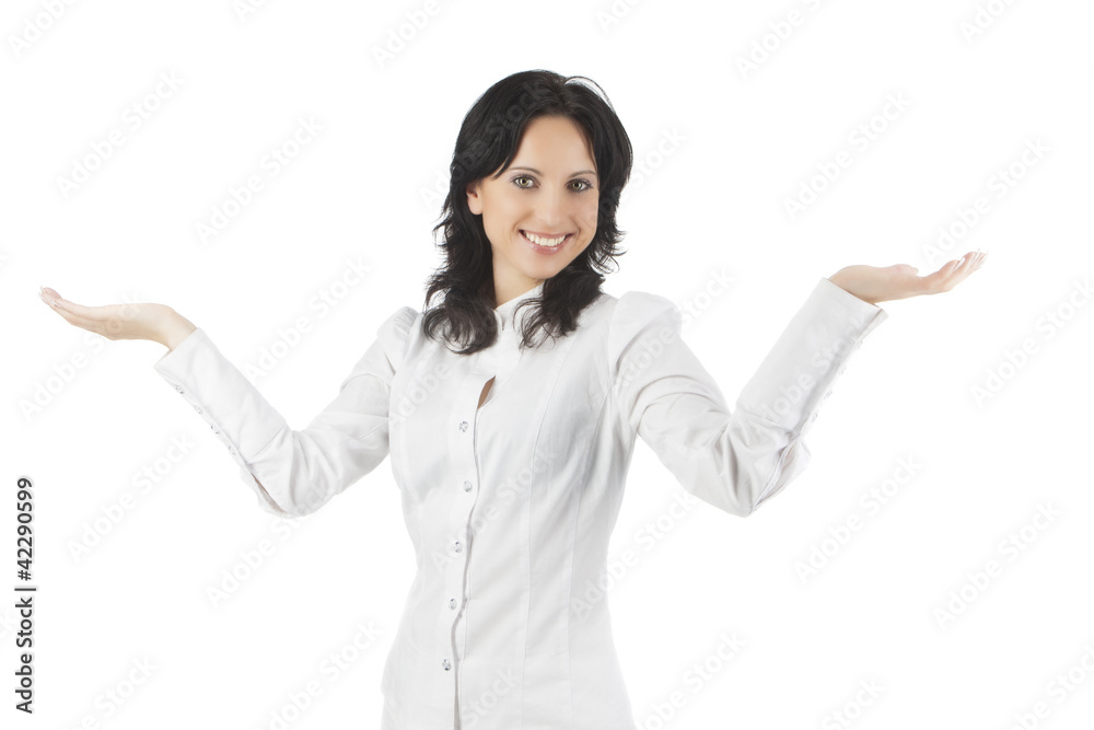 portrait of a happy woman showing and gesturing with a smile portrait of a happy woman showing and gesturing with a smile