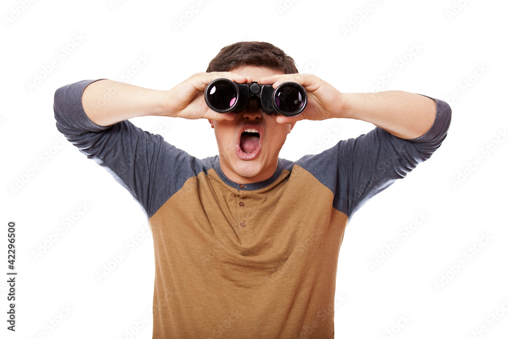Funny man with binocular. On white background. Funny man with binocular. On white background.