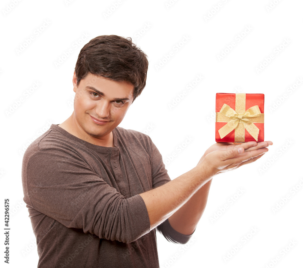 A man holding present box on white background. A man holding present box on white background.