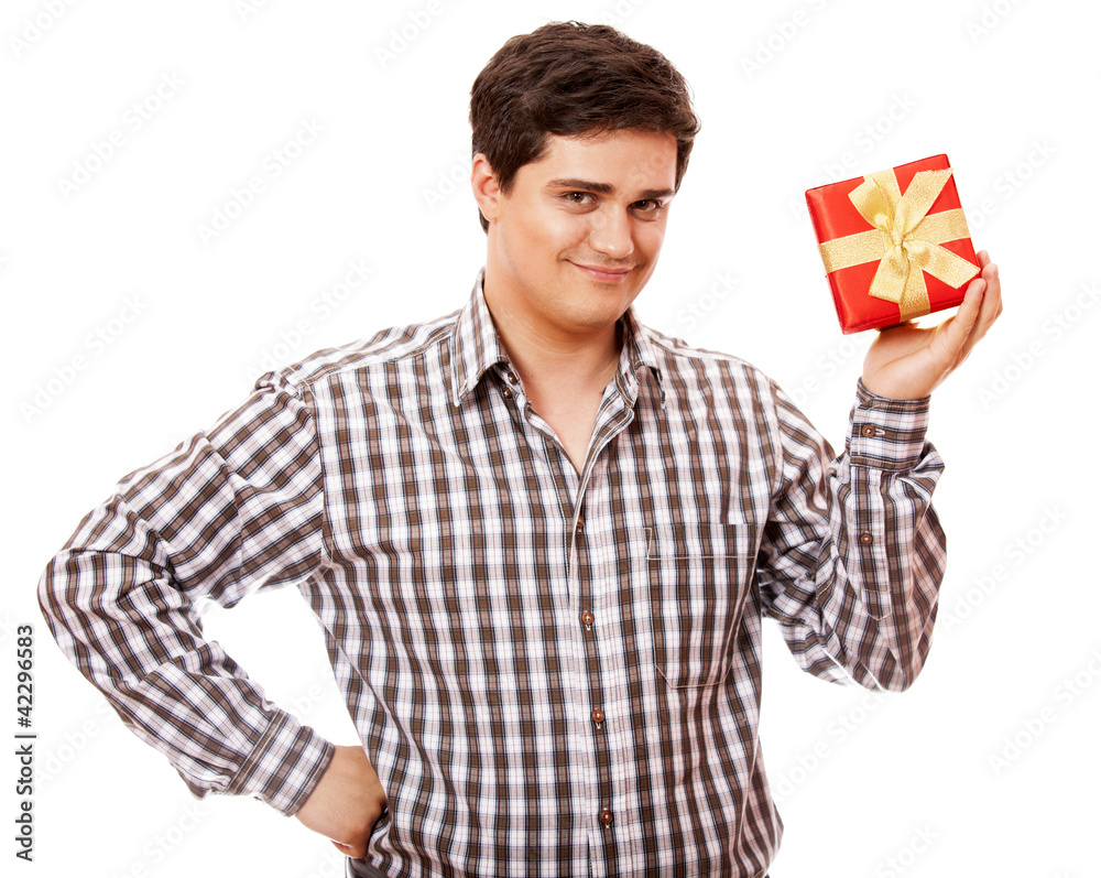 A man holding present box on white background. A man holding present box on white background.
