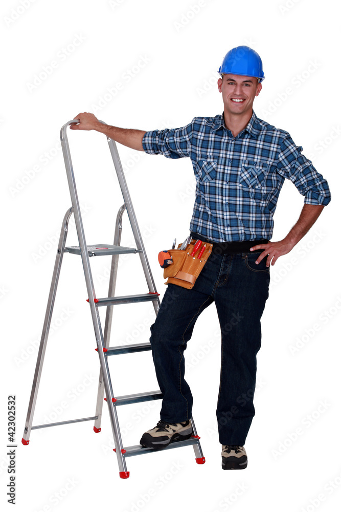 Handyman with step-ladder on white background Handyman with step-ladder on white background