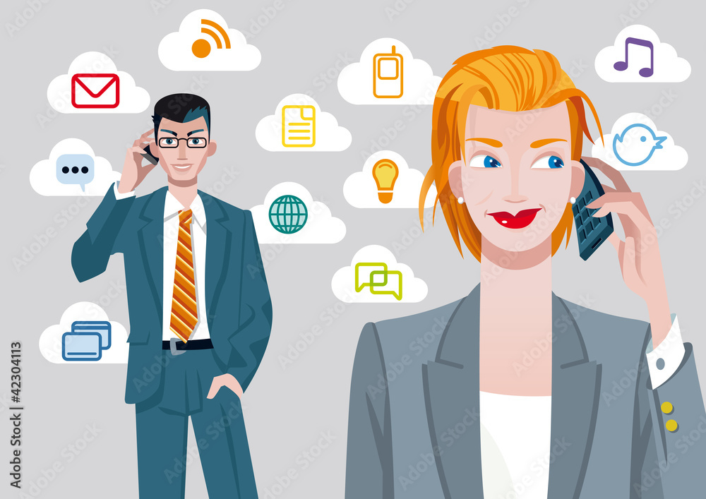 Businesswoman and Businessman on Cellphones Businesswoman and Businessman on Cellphones