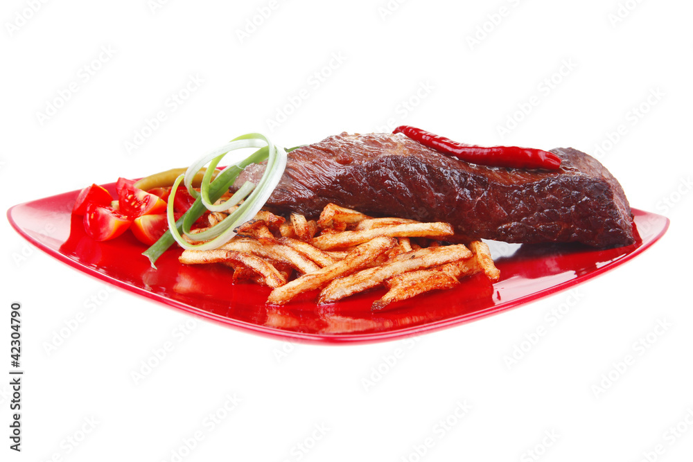 meat steak on potatoes over red dish meat steak on potatoes over red dish