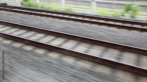 Close view of railroad track moving at high speed