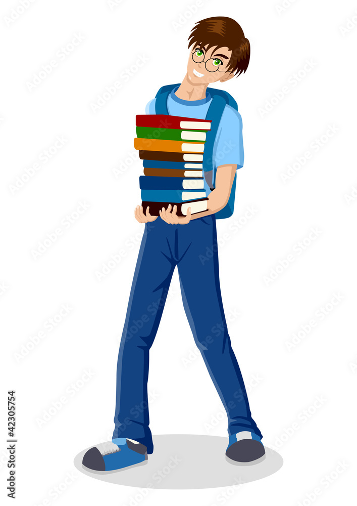 Cartoon illustration of a young man carrying books Cartoon illustration of a young man carrying books