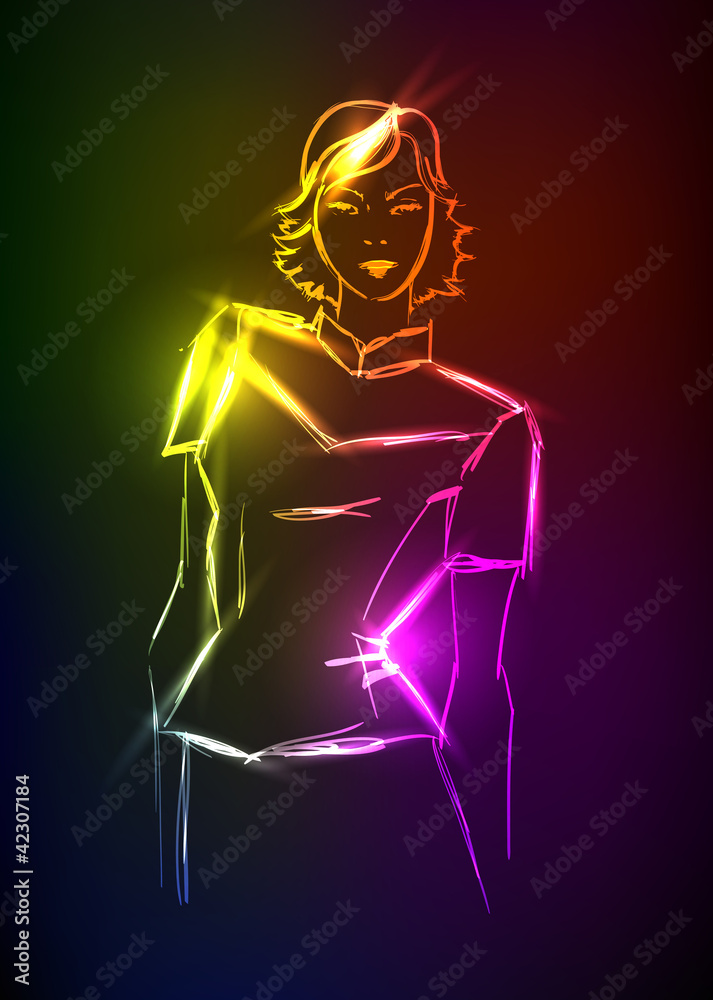 Hand-drawn fashion model from a neon. A light girl's Hand-drawn fashion model from a neon. A light girl's