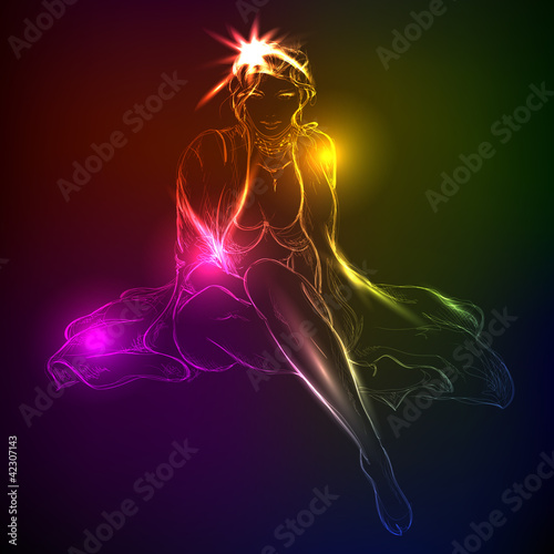Hand-drawn fashion model from a neon. A light girl's