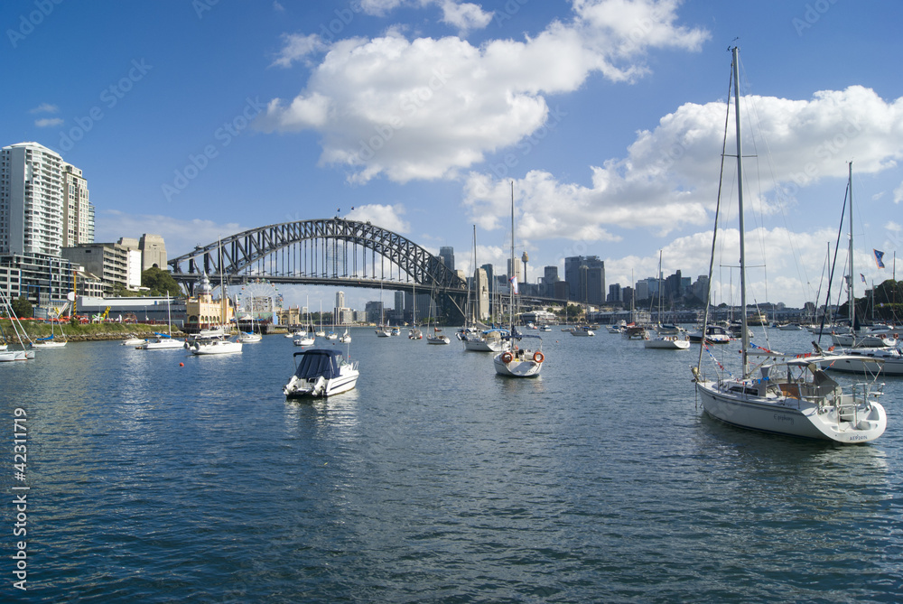 Boats in Sydney Harbour with Bridge in background, Australia