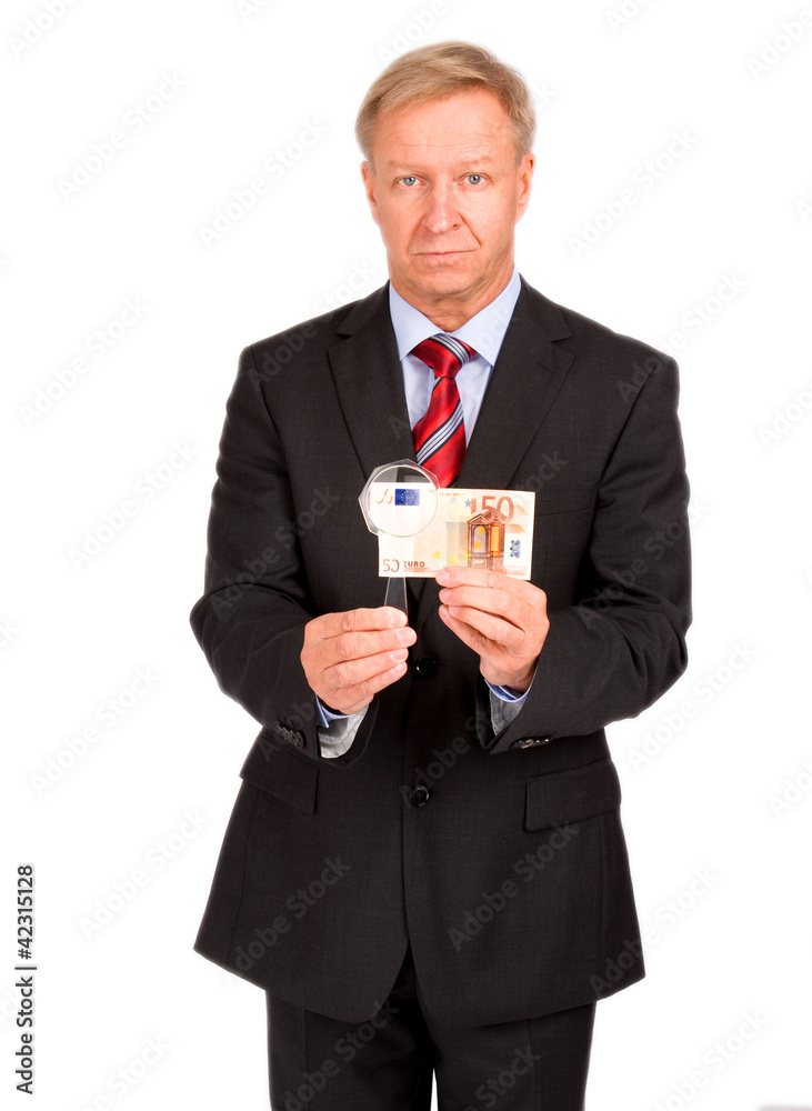 Mann mit Lupe und Fünzig Euro Schein Mann mit Lupe und Fünzig Euro Schein