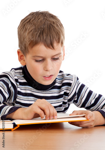 Cute schoolboy is reading a book