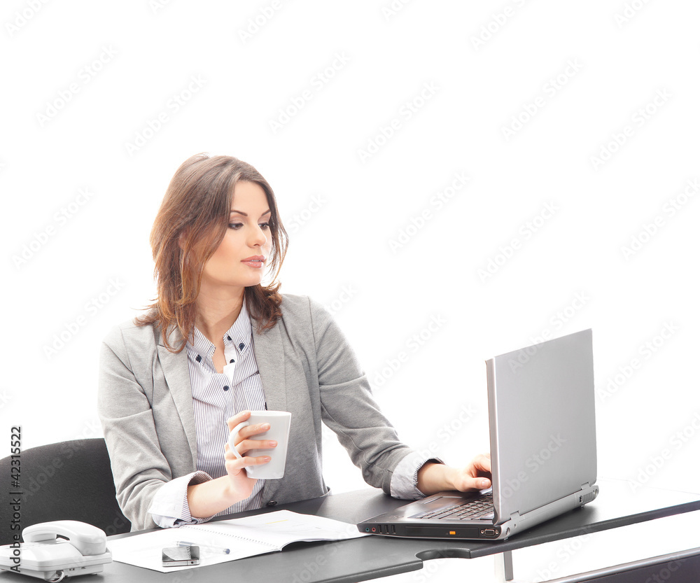 A young Caucasian businesswoman working on the laptop A young Caucasian businesswoman working on the laptop
