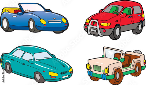 group of suv, jeep, cabriolet and car