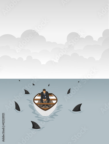 Business man on a boat surrounded by sharks