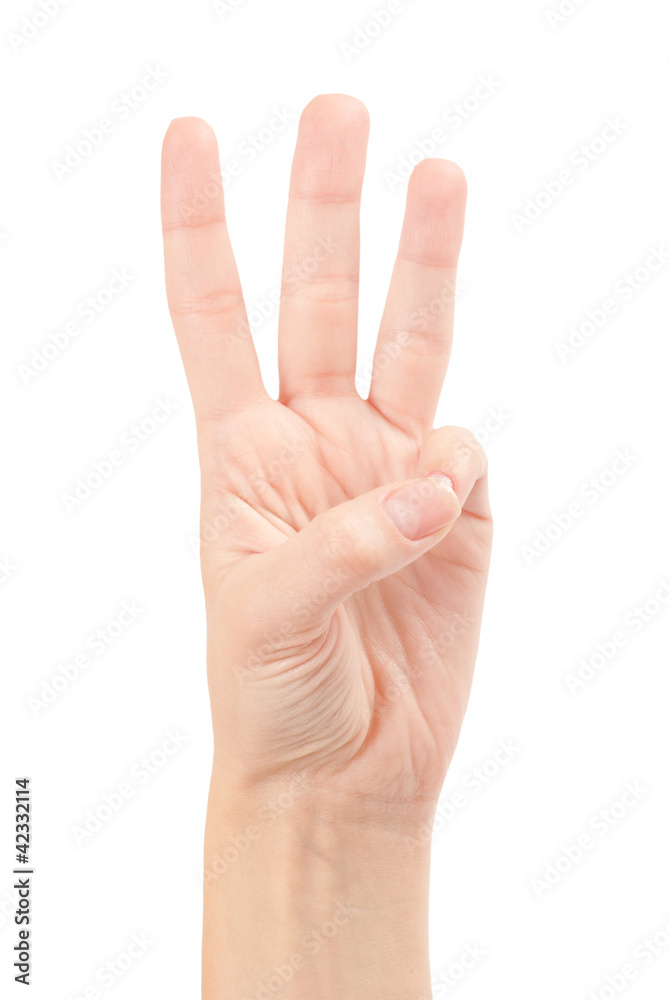 Female hands counting number three isolated on white Female hands counting number three isolated on white