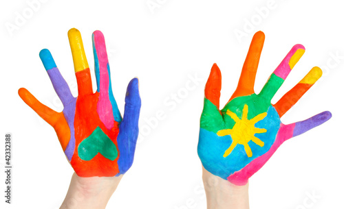 Brightly colored hands on white background close-up