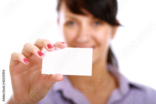 A businesswoman holding a blank