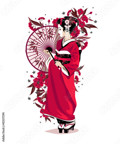 Japanese girl in red traditional clothes with umbrella.