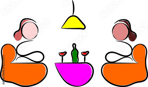 Simple clipart of two women sitting opposite each other on chairs talking or gossiping at home or in a cafe with wine glasses on the coffee table