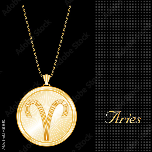 Aries Pendant Necklace, Chain, gold engraved astrology symbol