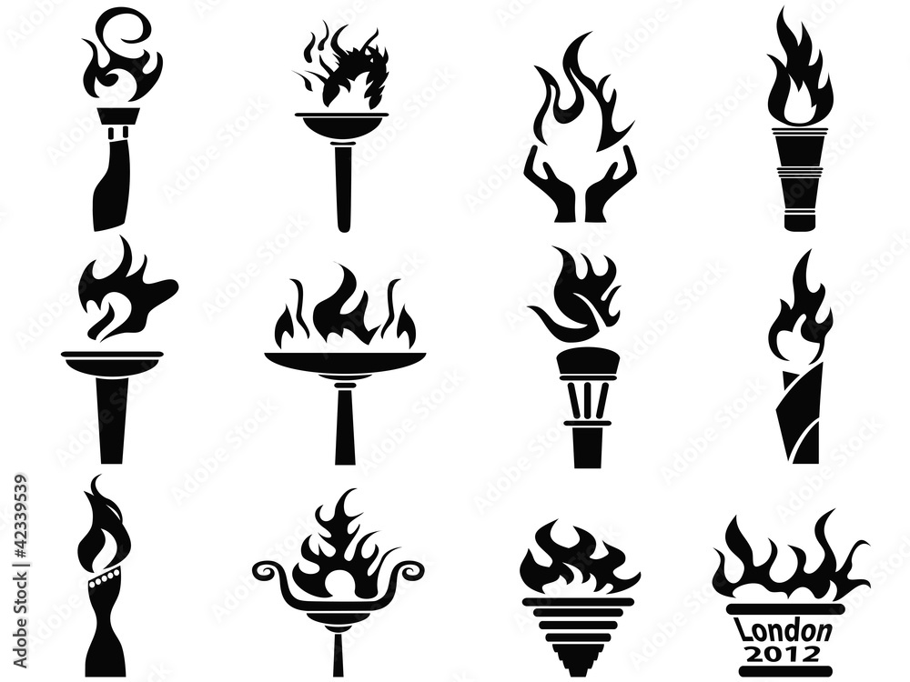 black fire flame torch icons set black fire flame torch icons set