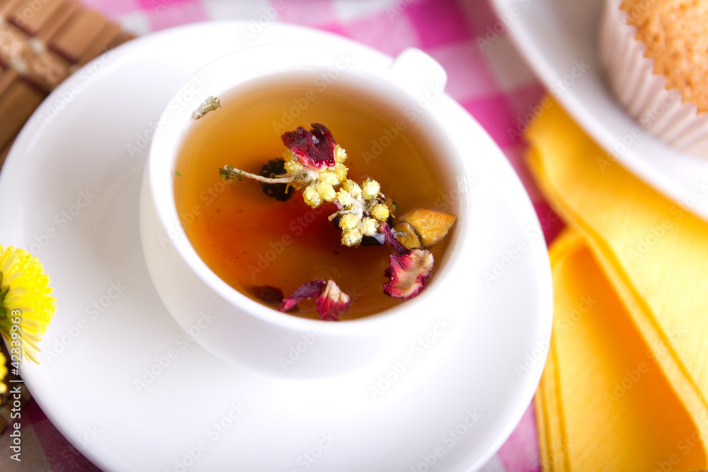 White tea cup with close-up White tea cup with close-up