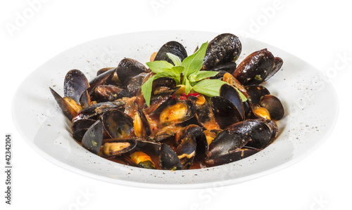 close up on mussels on white background