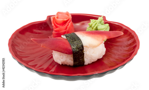 Hokkigai Mollusc sushi on white background