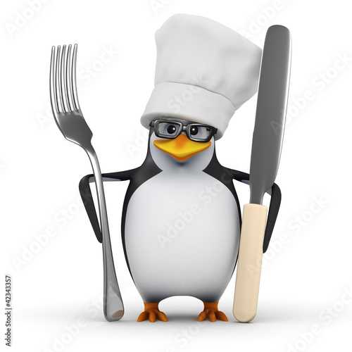3d Penguin in glasses holds knife and fork © Steve Young