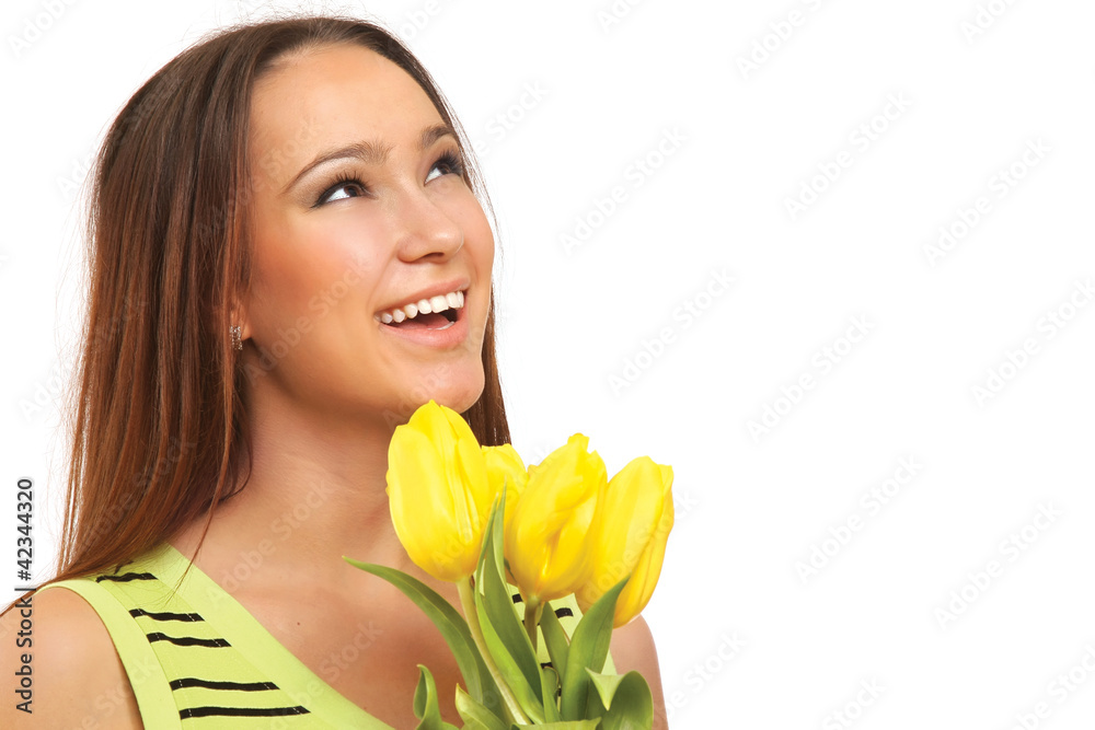 picture of happy woman with yellow tulips over white picture of happy woman with yellow tulips over white